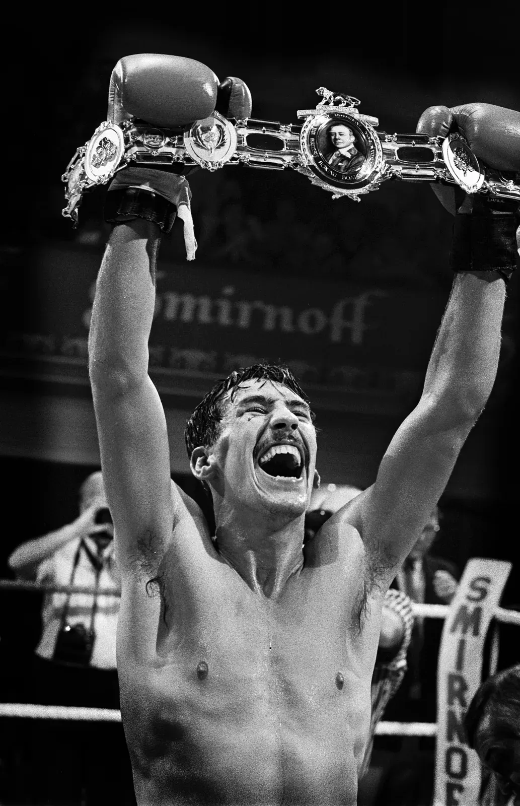 Sam Storey celebrating in the ring with the Lonsdale Belt held high